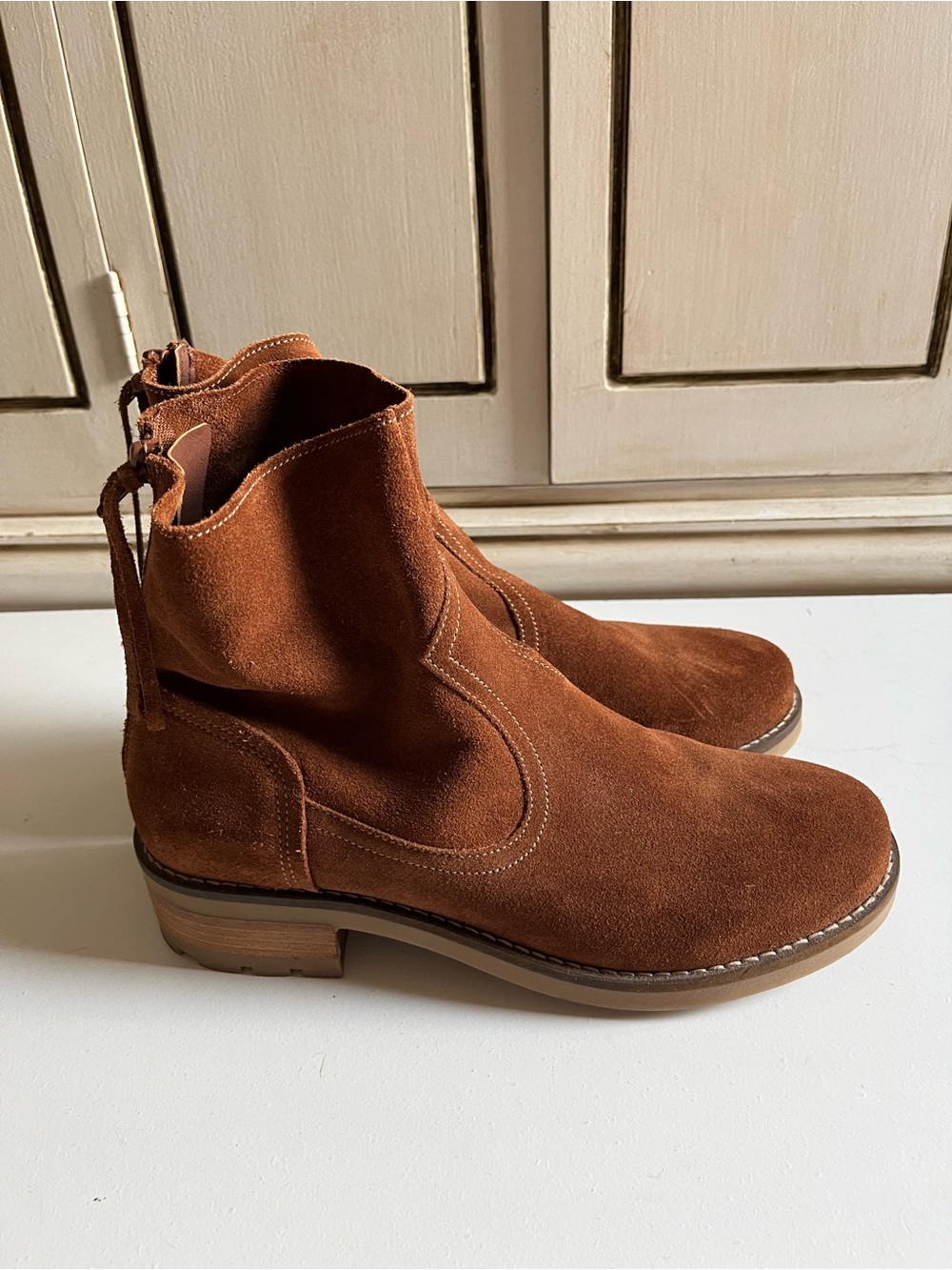 Women’s MIA Antonia de Faria Brown Suede Ankle Boots Side Zip Block Heel SZ 9.5